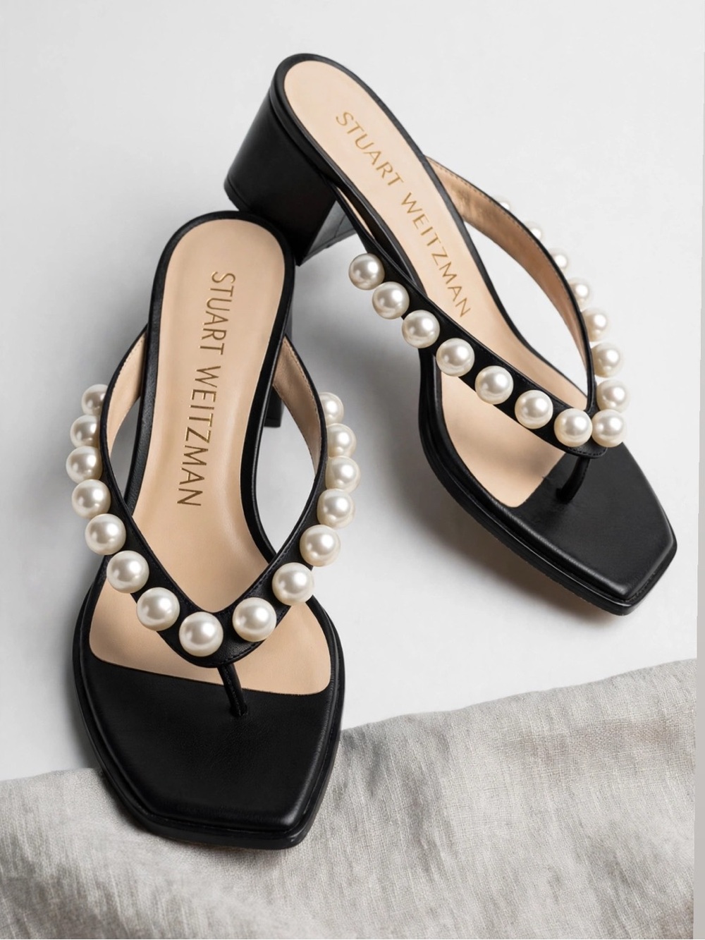 Stuart Weitzman Black Pearl-Accented Block Heel